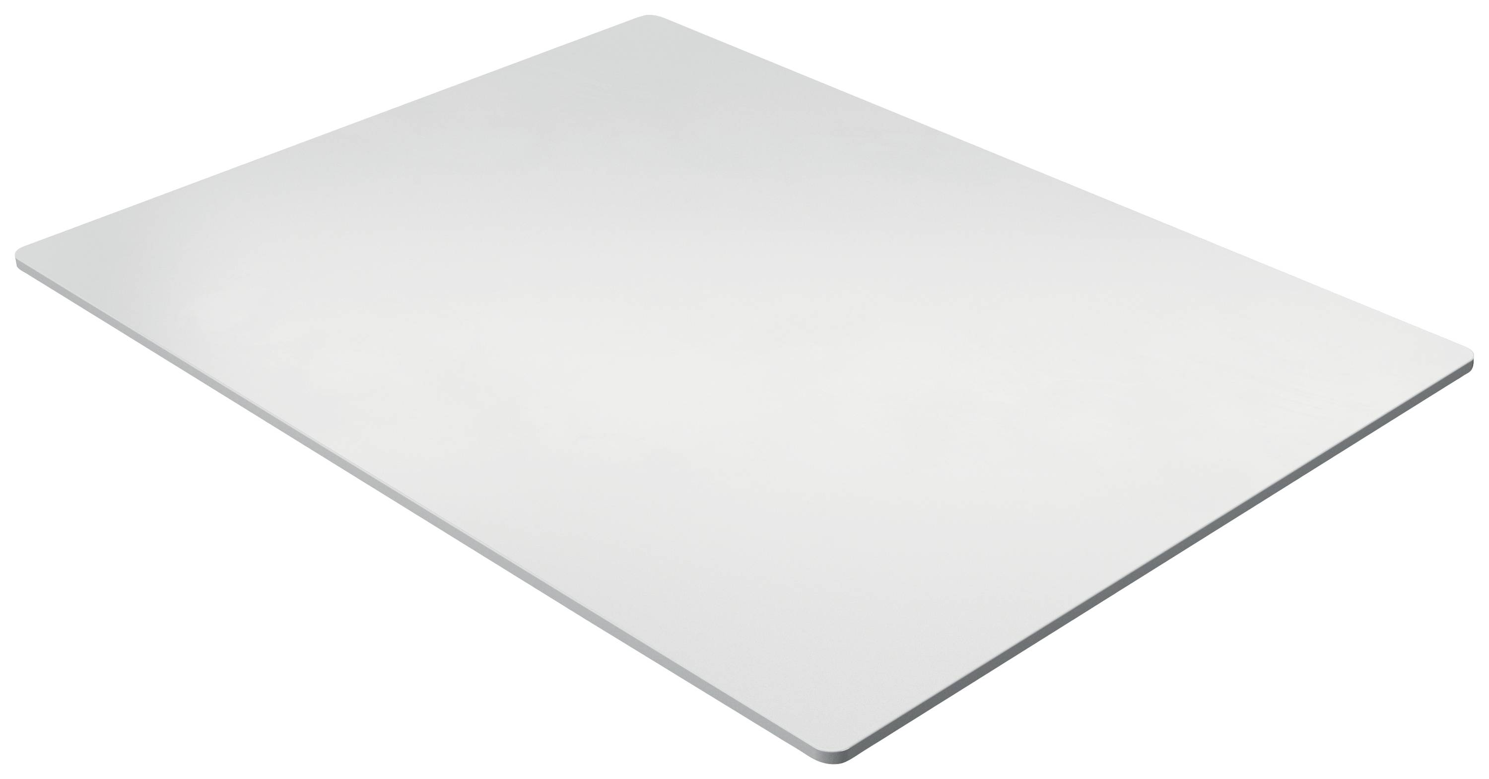 White rectangular cutting board with rounded corners, positioned flat.