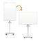 A vertical whiteboard is represented by an arrow as being rotatable to a horizontal whiteboard, both on a mobile stand.