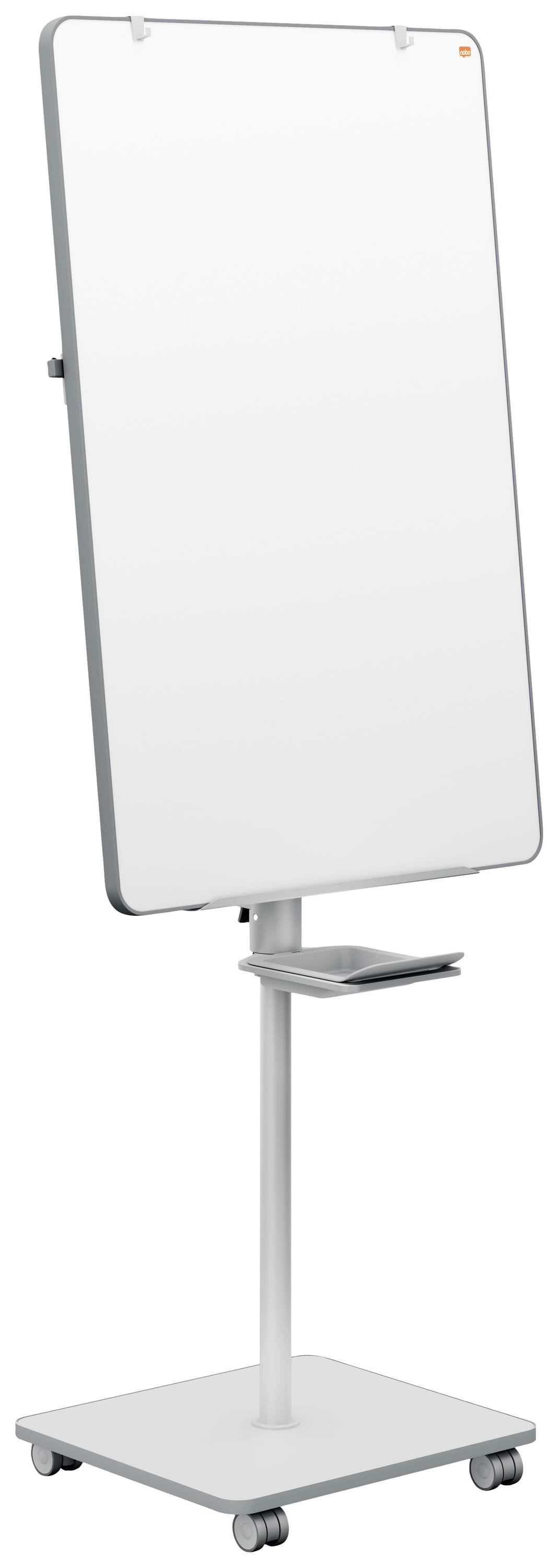 A height-adjustable, mobile whiteboard on wheels with a shelf underneath, suitable for presentations or office use.