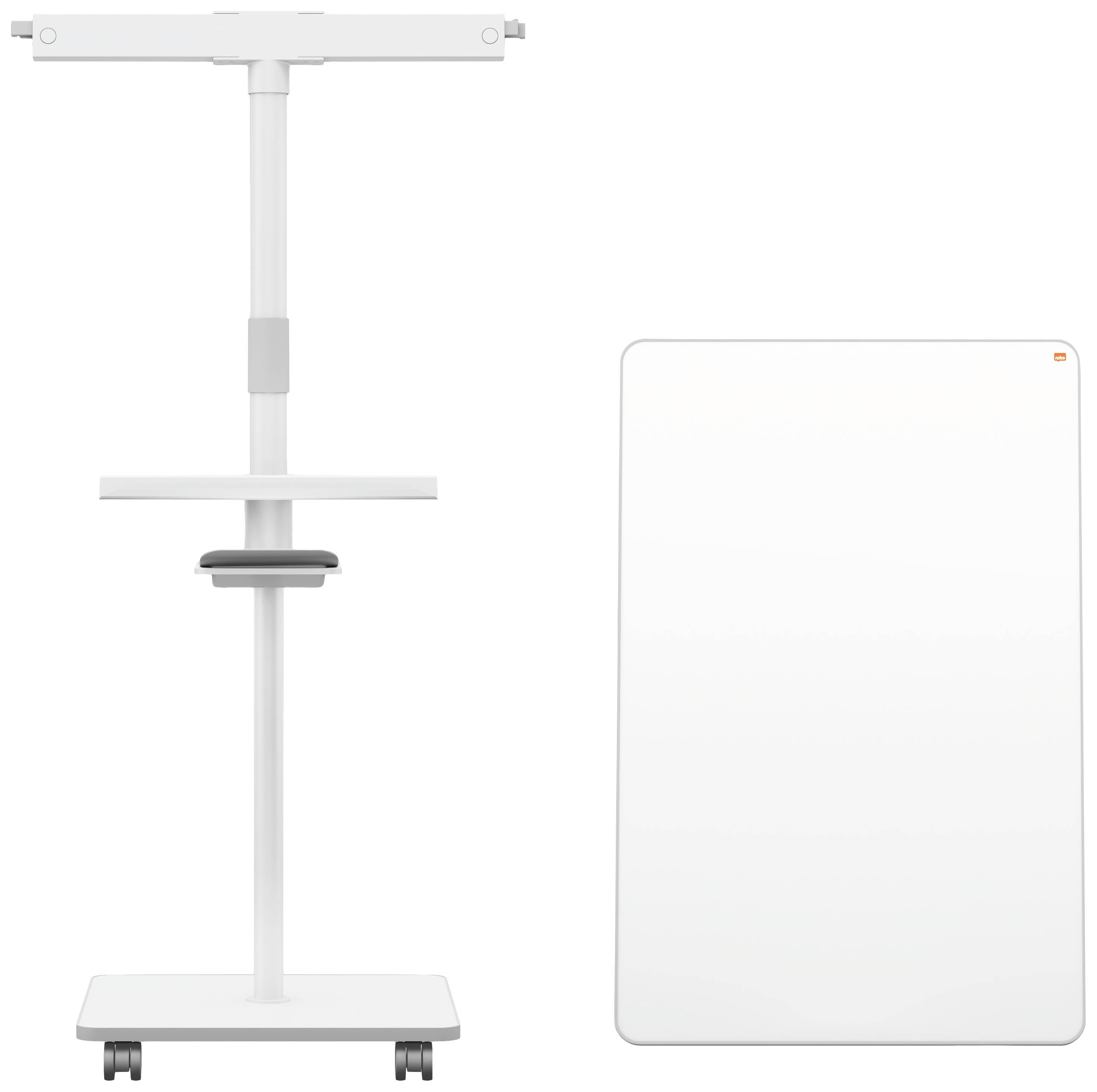 A mobile, white display stand frame with wheels and a white, rectangular display panel positioned side by side, against a neutral background.