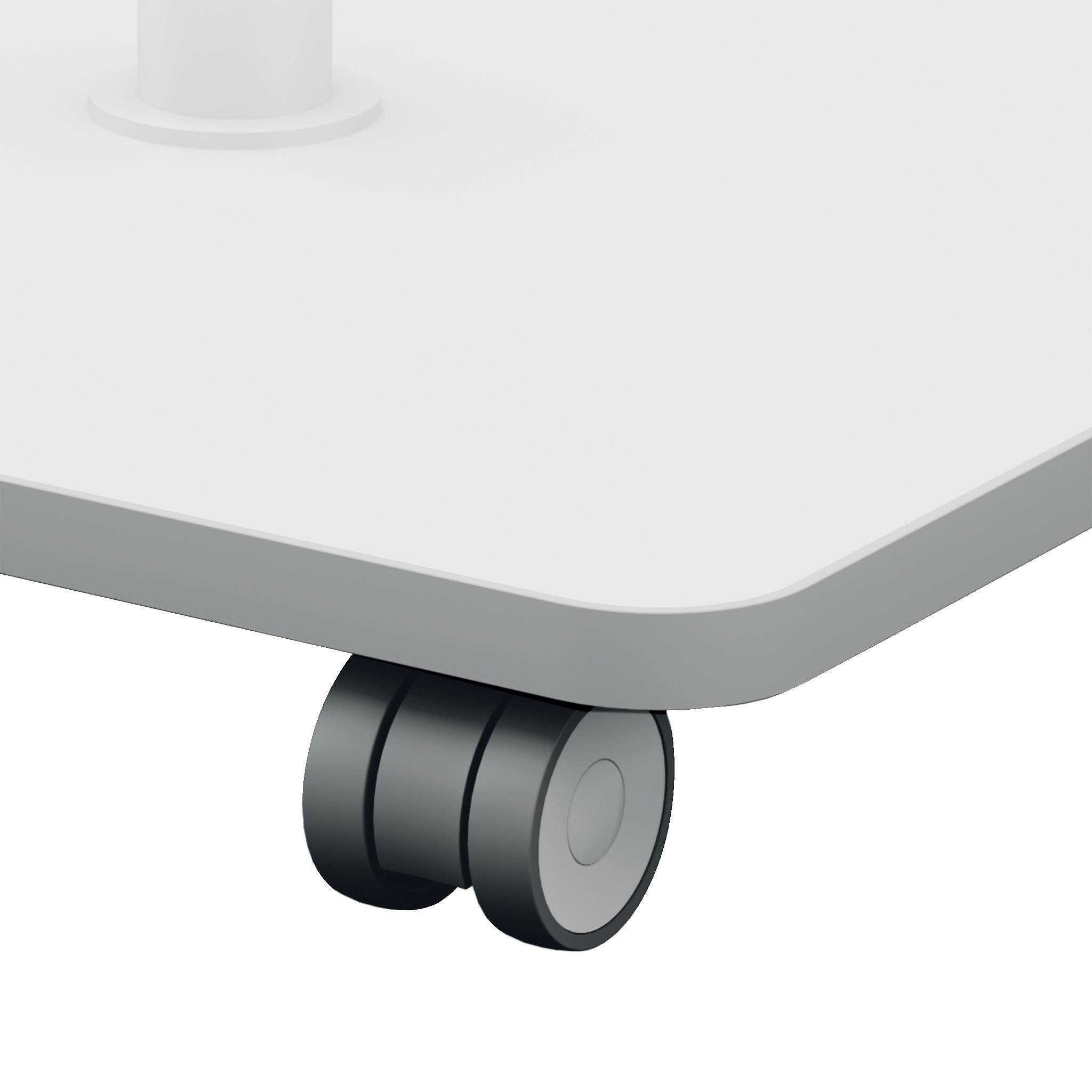 A part of an office chair with two black castors.