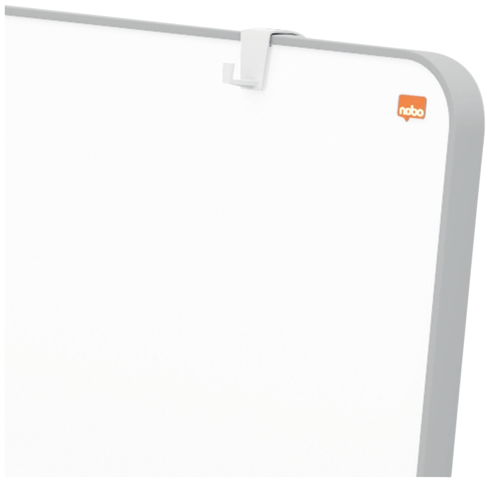 A white whiteboard with a grey border, featuring an orange logo in the top right corner. It has a hook for hanging.