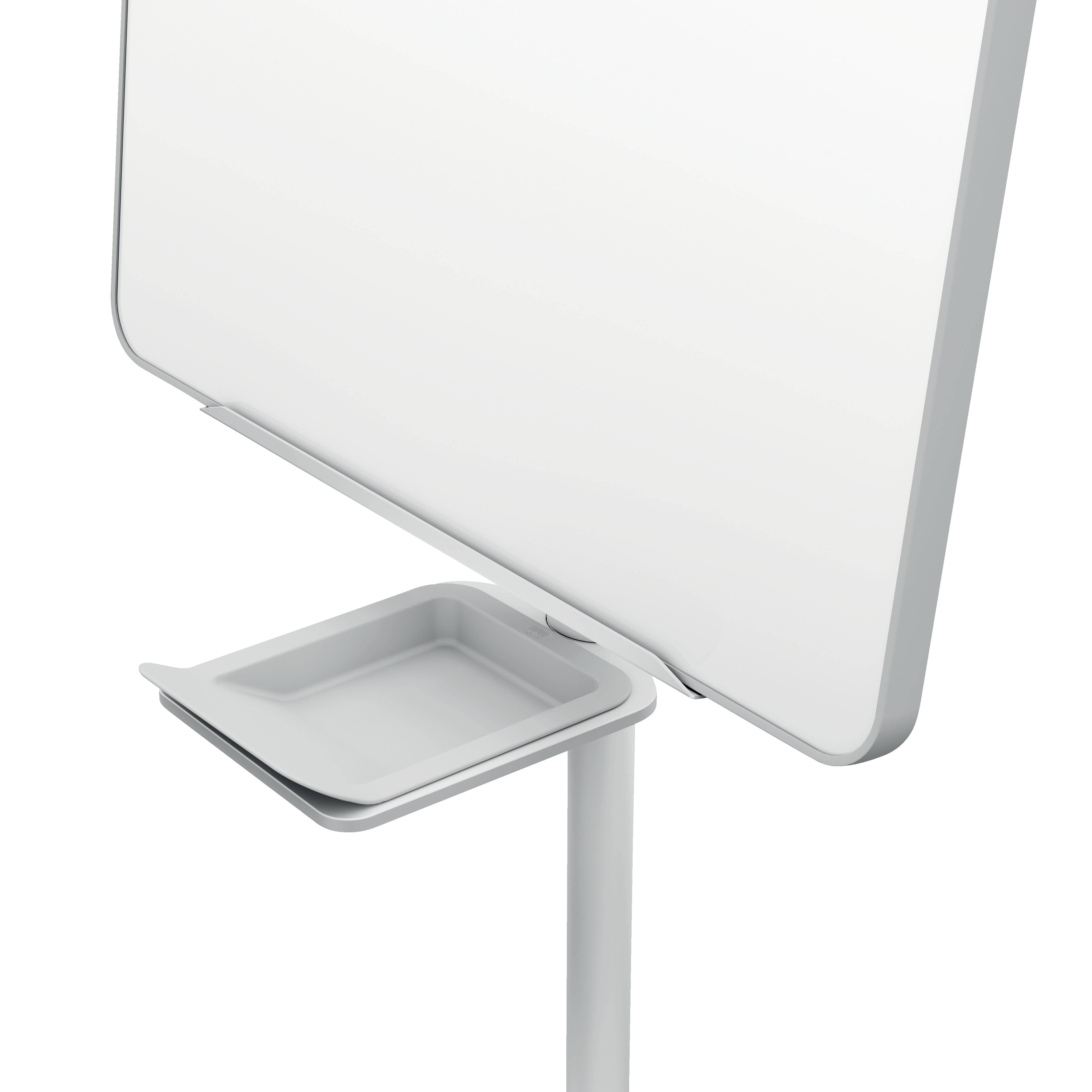 A white whiteboard on a stand with a small storage compartment underneath. Ideal for presentations or meetings.