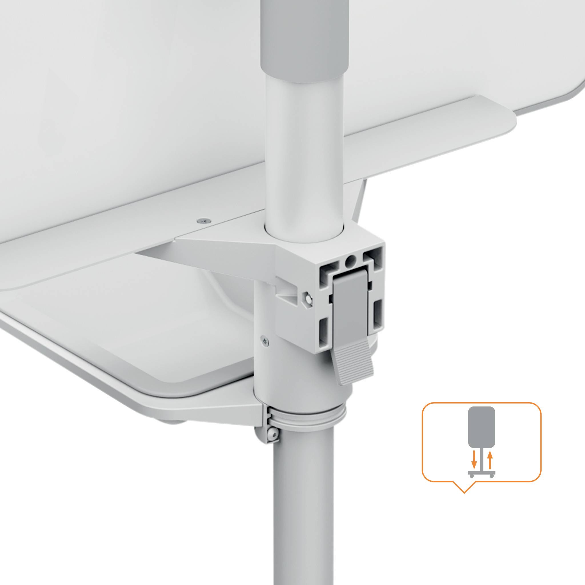 Clamping system on a white stand with a lever for height adjustment. Diagram shows insertion of the lever for height fixation.