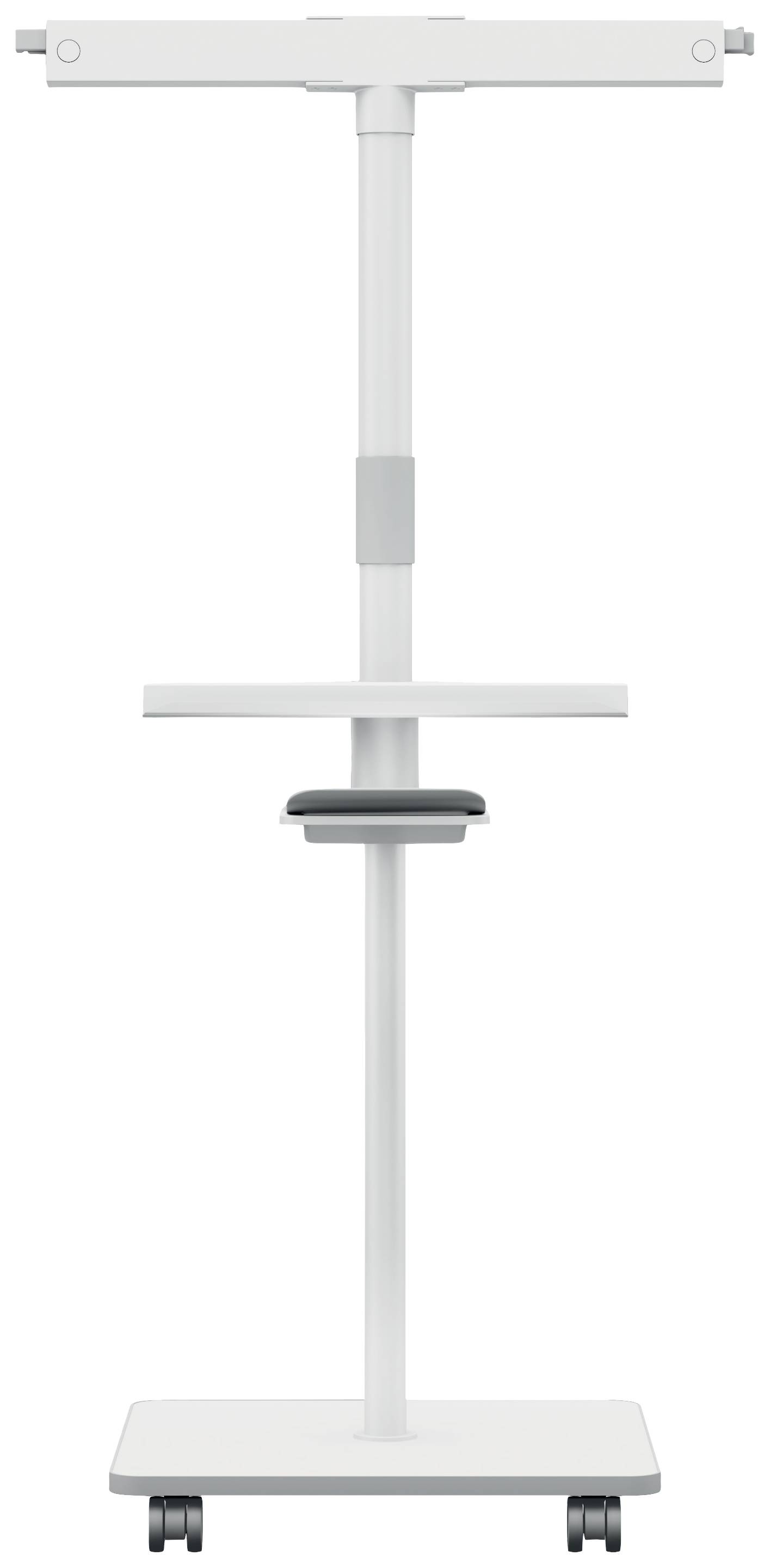 A white, height-adjustable stand with castors, suitable for mounting a monitor or presentation device.
