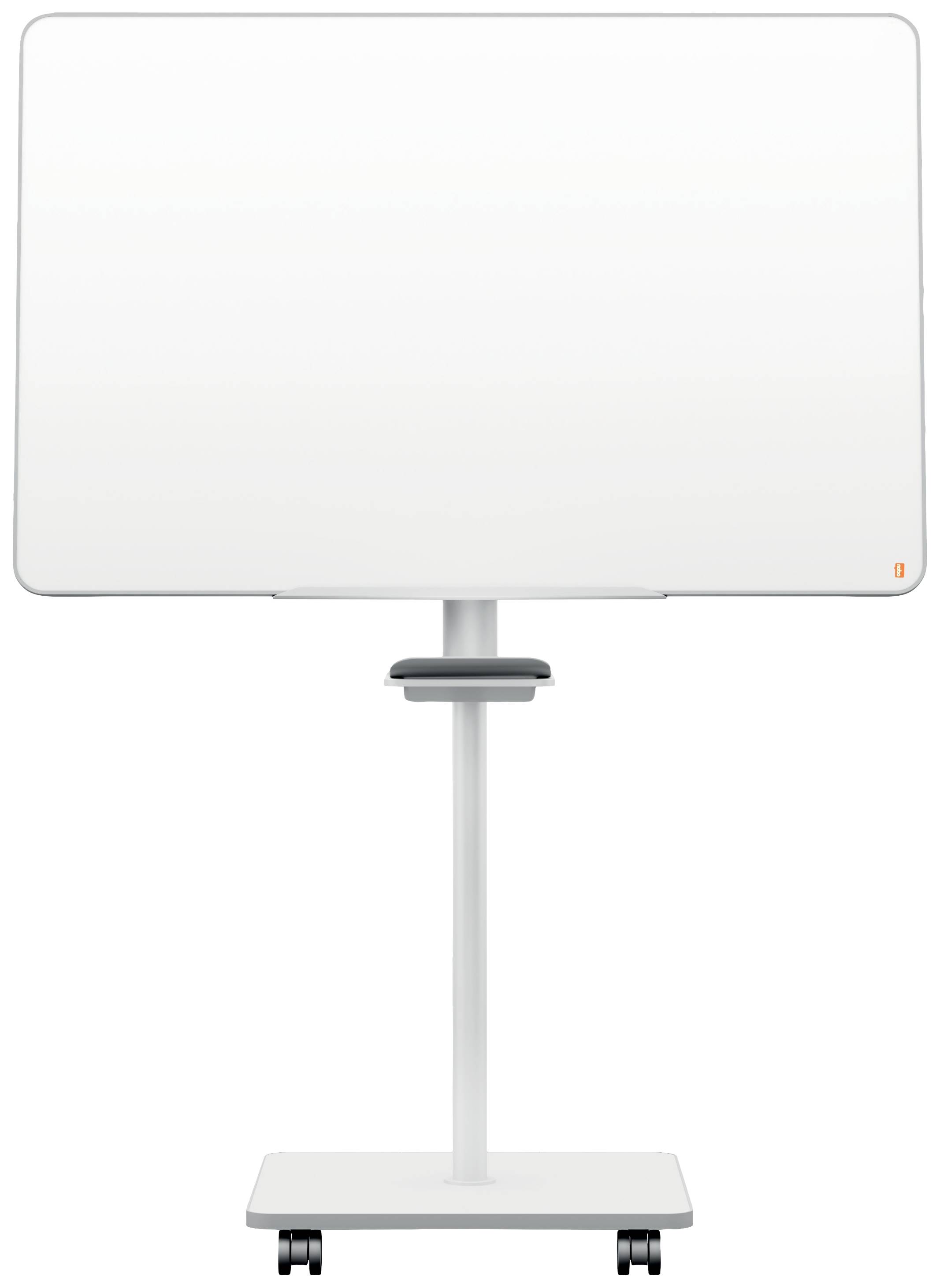 White, mobile whiteboard on wheels with height-adjustable stand. Ideal for presentations and meetings.