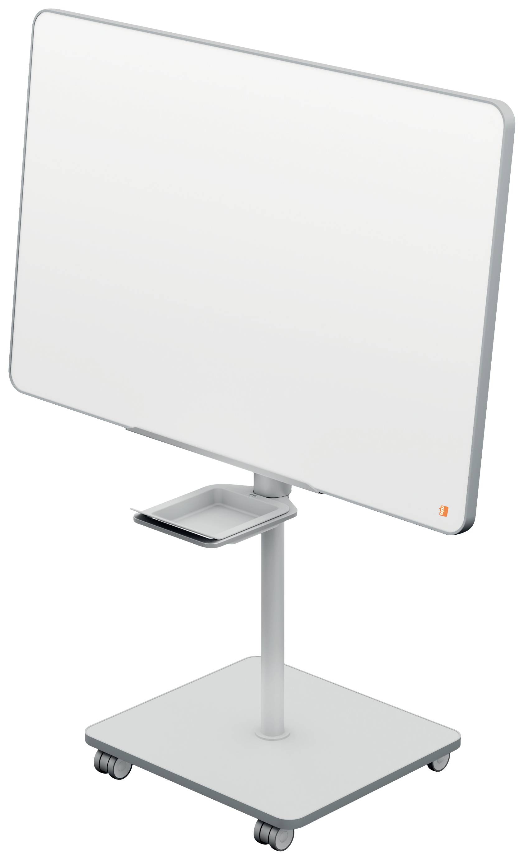 Mobile whiteboard on a wheeled stand with a storage shelf.