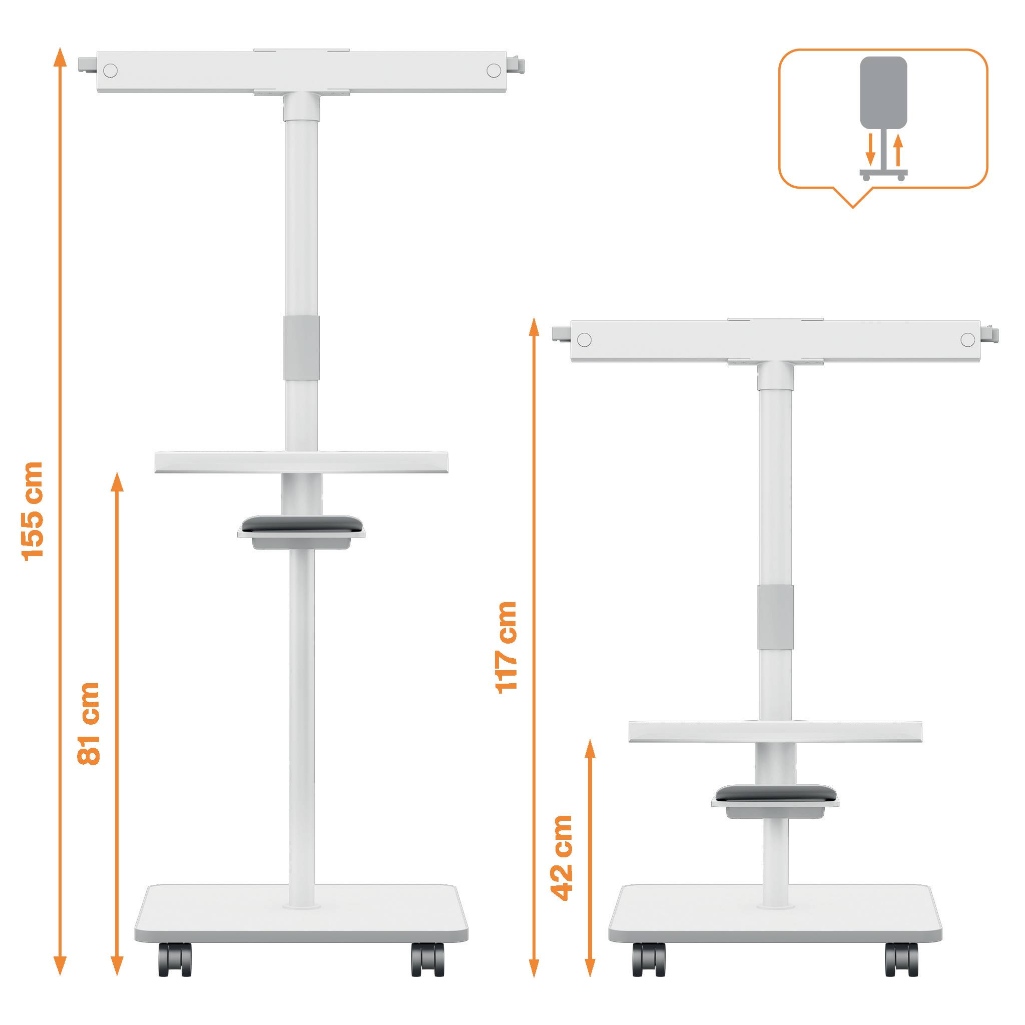 Two adjustable mountings for medical devices, one at 155 cm, the other at 117 cm in height, each mounted on mobile bases.