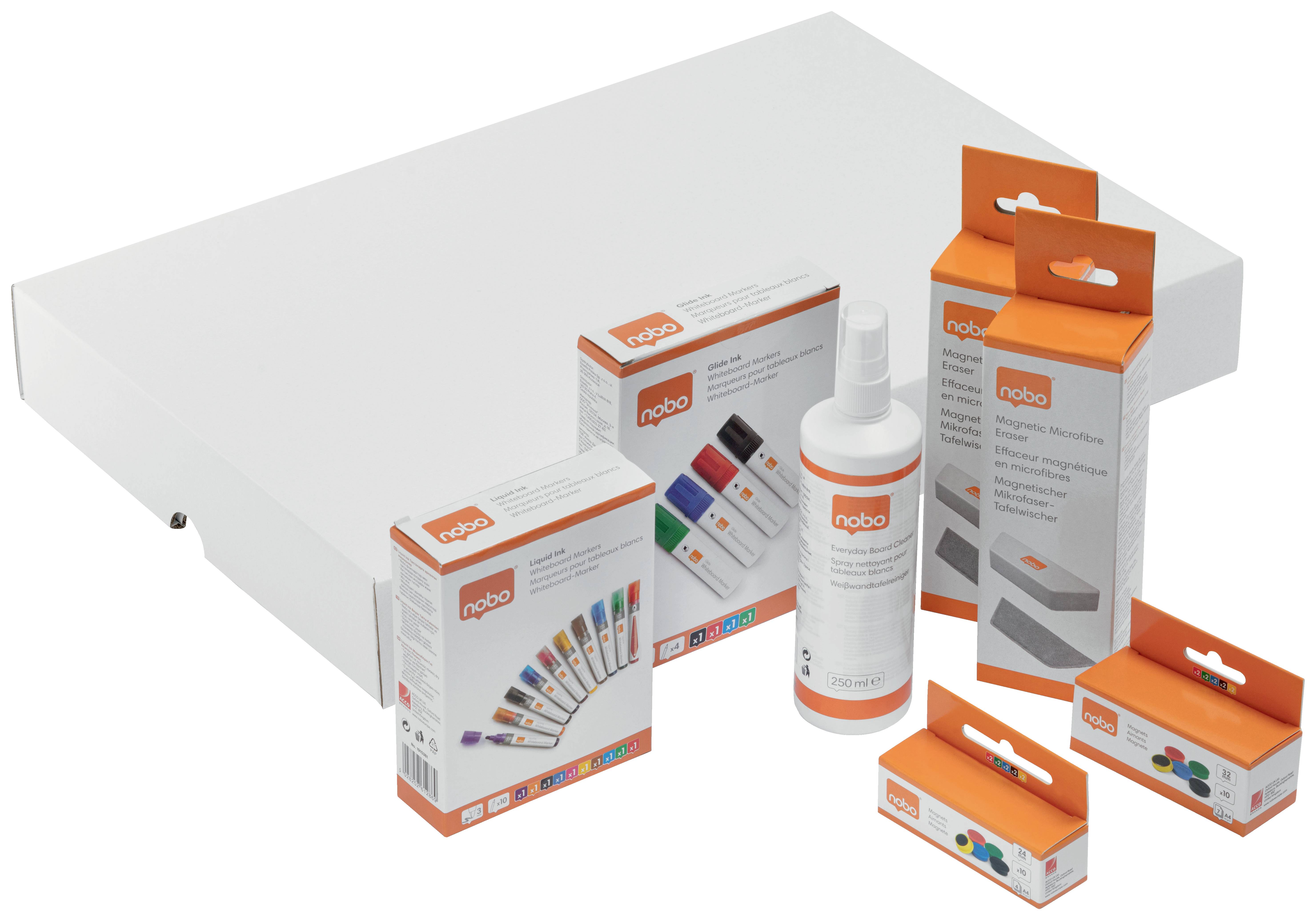 Several Nobo products, including a cleaning spray, coloured marker pens, and magnetic fixings, arranged in front of a white surface.