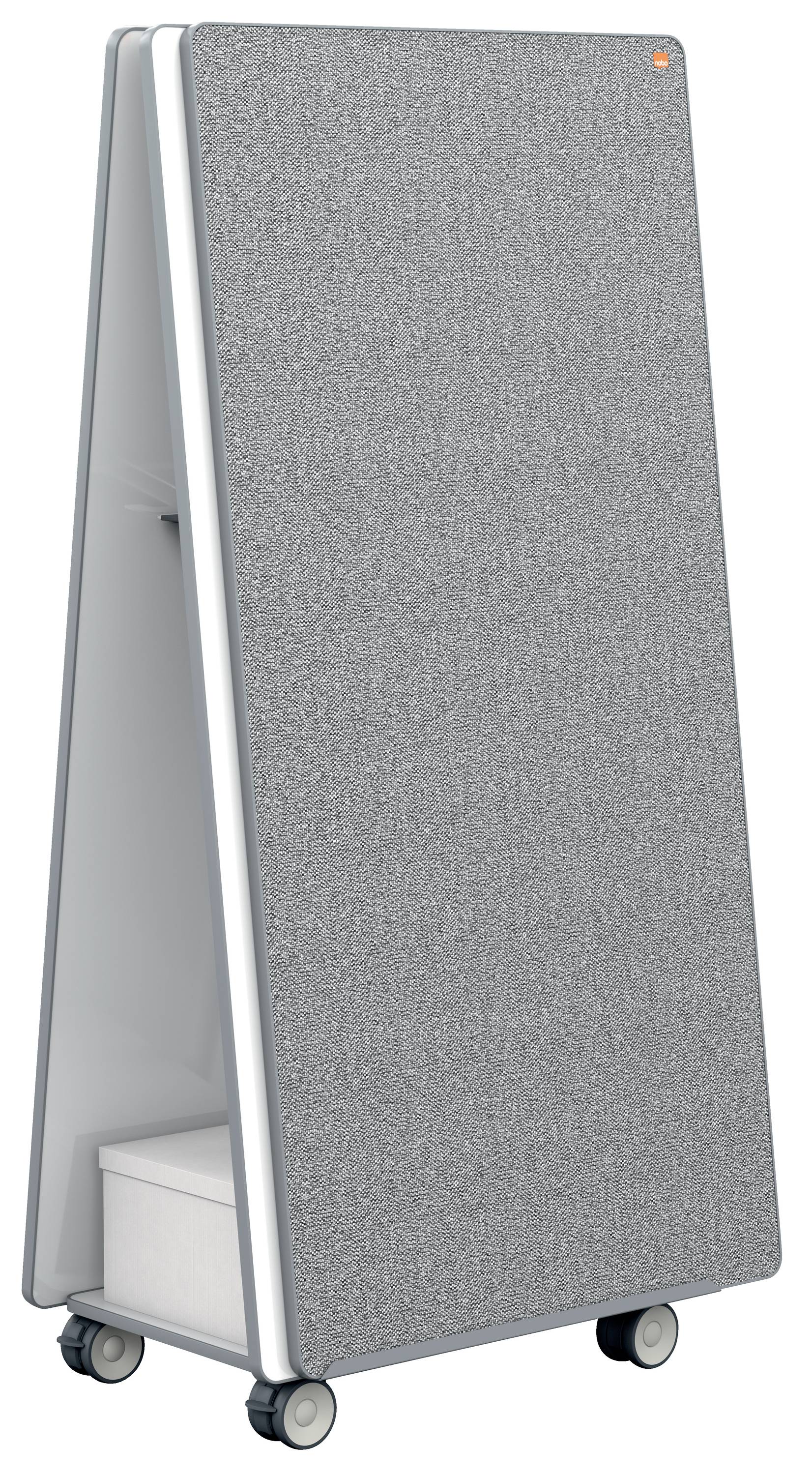 A grey, mobile whiteboard on wheels, folded into an A-frame. A small, round, red logo is visible in the top right corner.