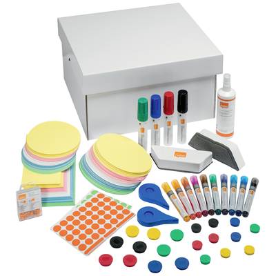 Moderation Kit Note: A box containing moderation materials, including colourful moderation cards, markers, sticky dots, and cleaning accessories.