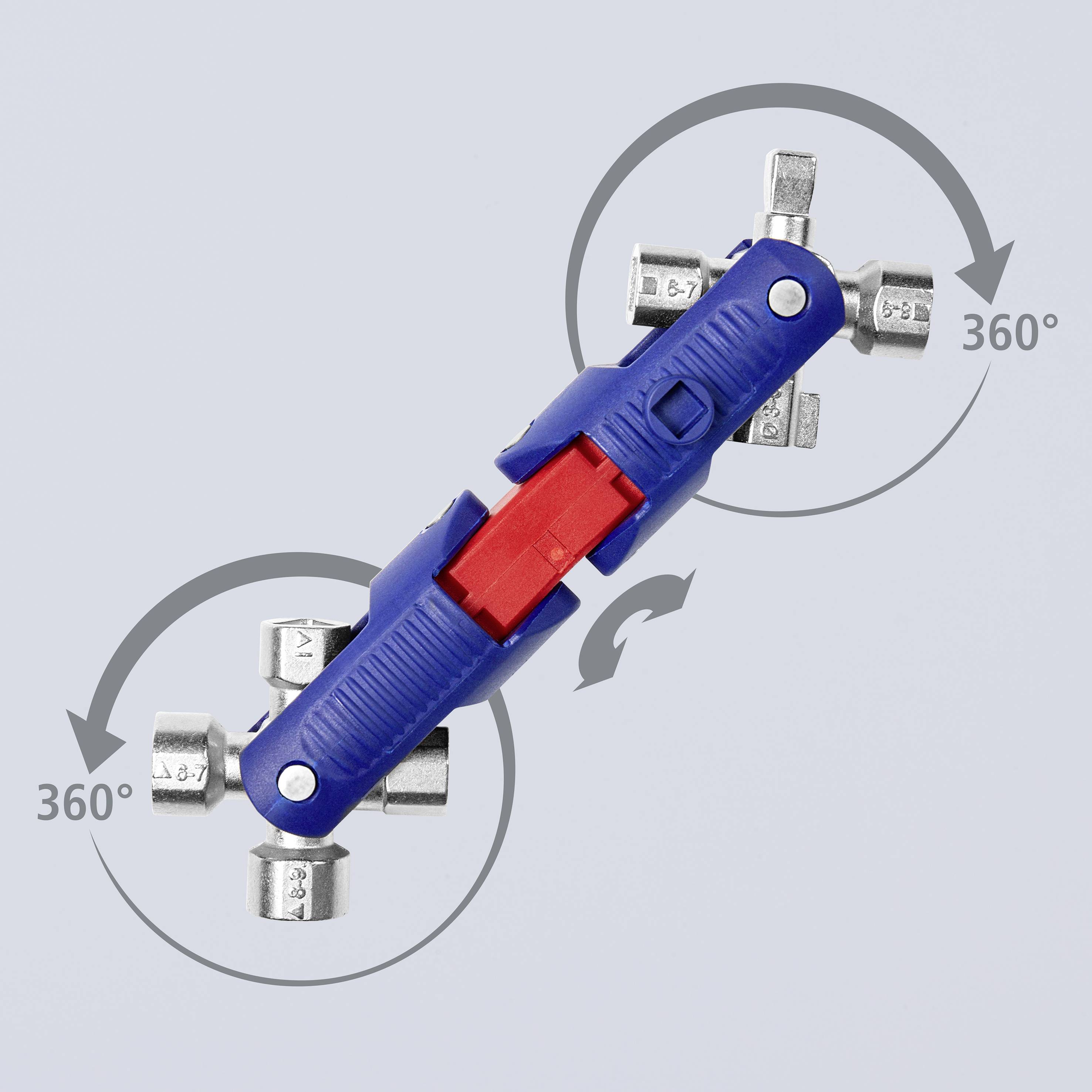 A multifunctional tool with eight different socket keys and a rotatable blue handle, 360° rotatable.