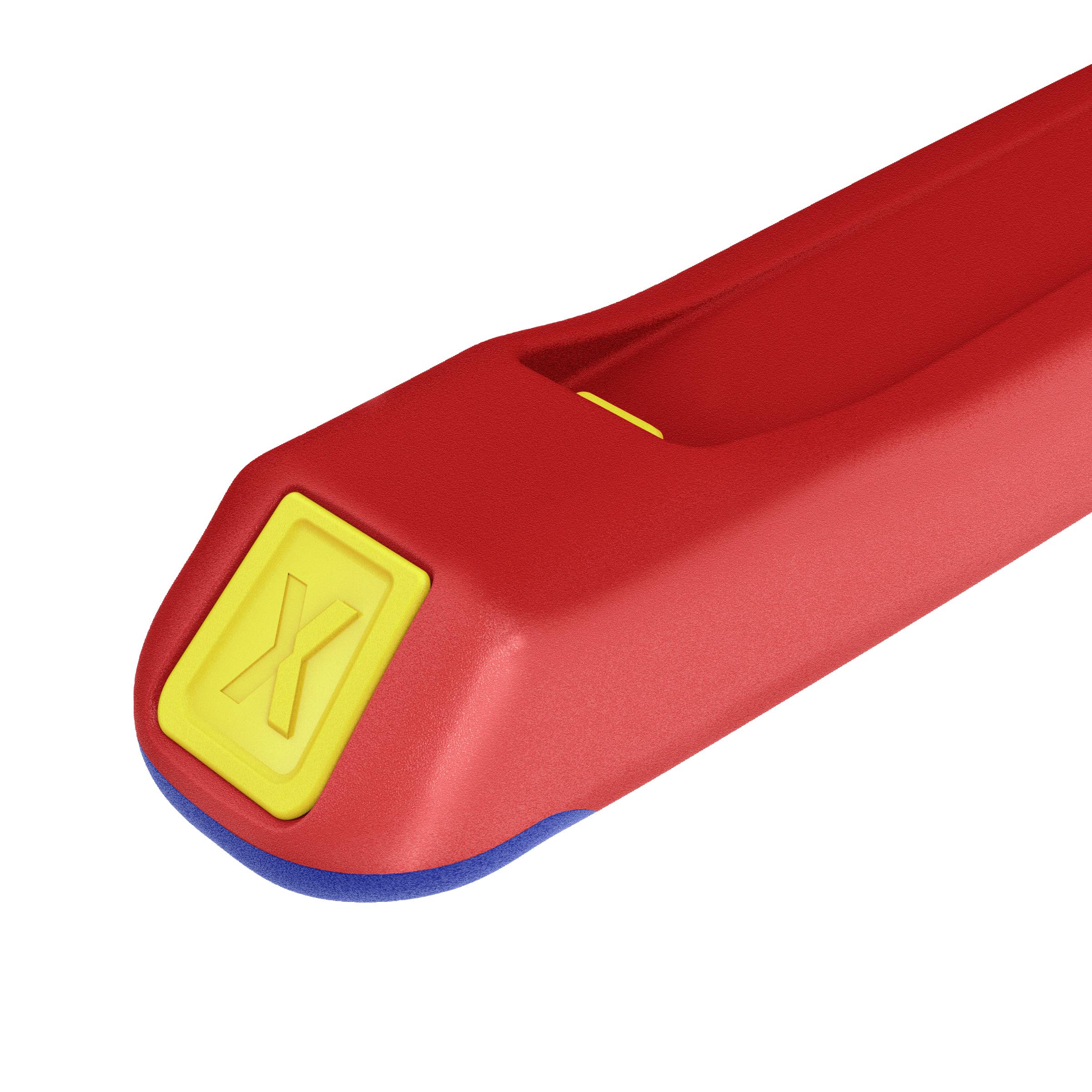 A red plastic sledge with a yellow handle, suitable for children.