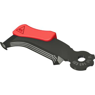A black tool with a red handle, curved tip, and markings; likely designed for surface treatment.
