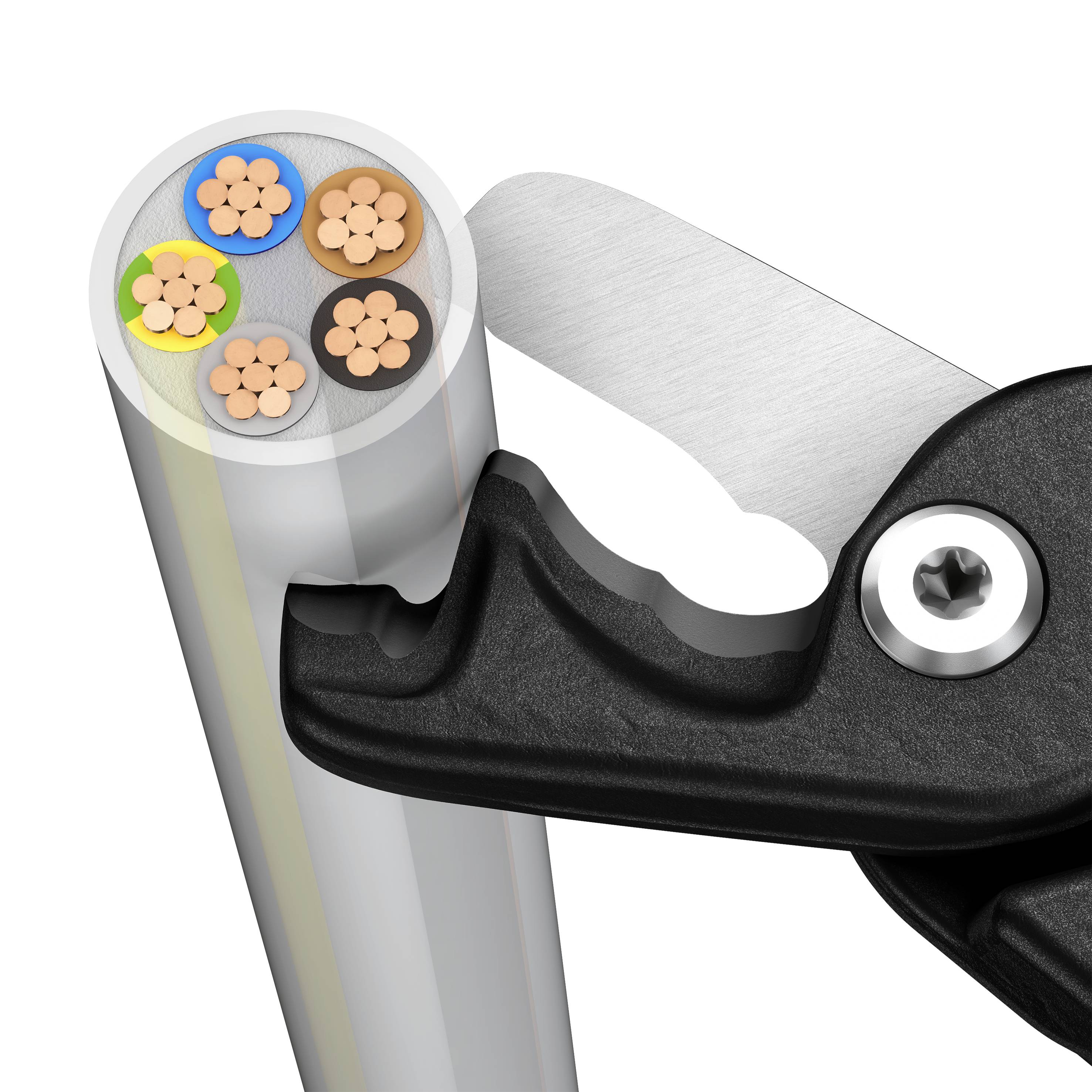 A cable cutter is cutting a multi-core cable, which consists of several coloured wires surrounded by insulation.