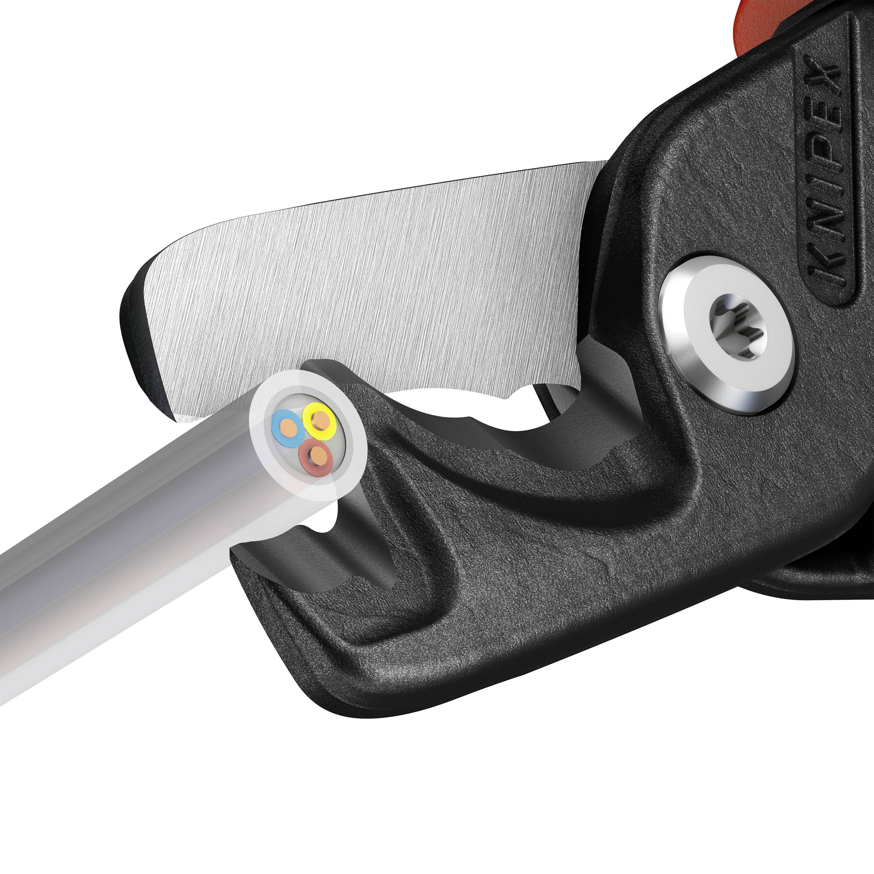 Cable cutter, designed to sever a cable. The tool has black handles and cuts through a round, multi-core cable. Tool name engraved.