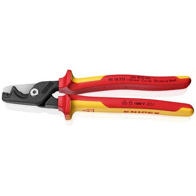 Illustrated is an electrician's cable cutter with red and yellow insulated handles and a sharp cutting edge, suitable for use up to 1000V.