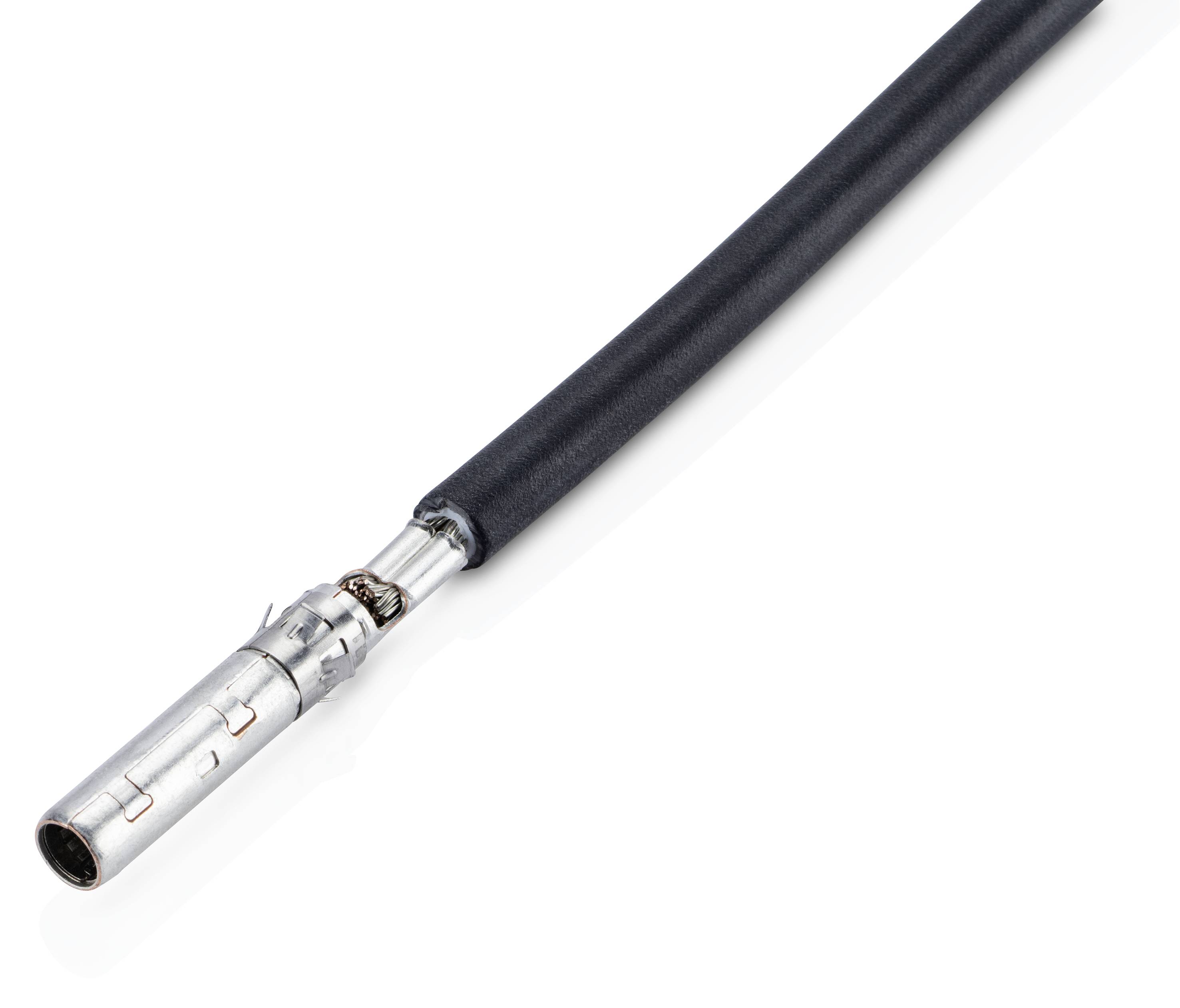 A close-up image of an electrical cable with a metallic connector at one end.