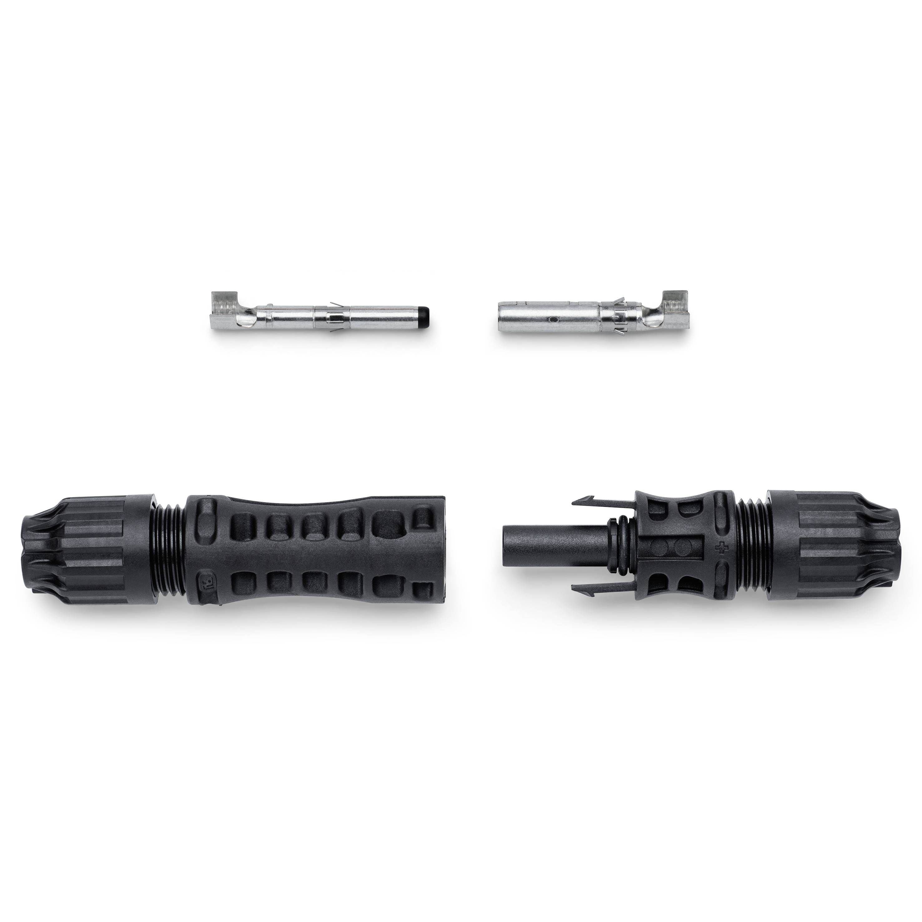 A disassembled tool with a black handle in the centre, surrounded by two silver metal parts. Purpose unknown.<br><br>Note: I've used British English spelling for "centre" and maintained the precise translation while preserving the original formatting and tone.