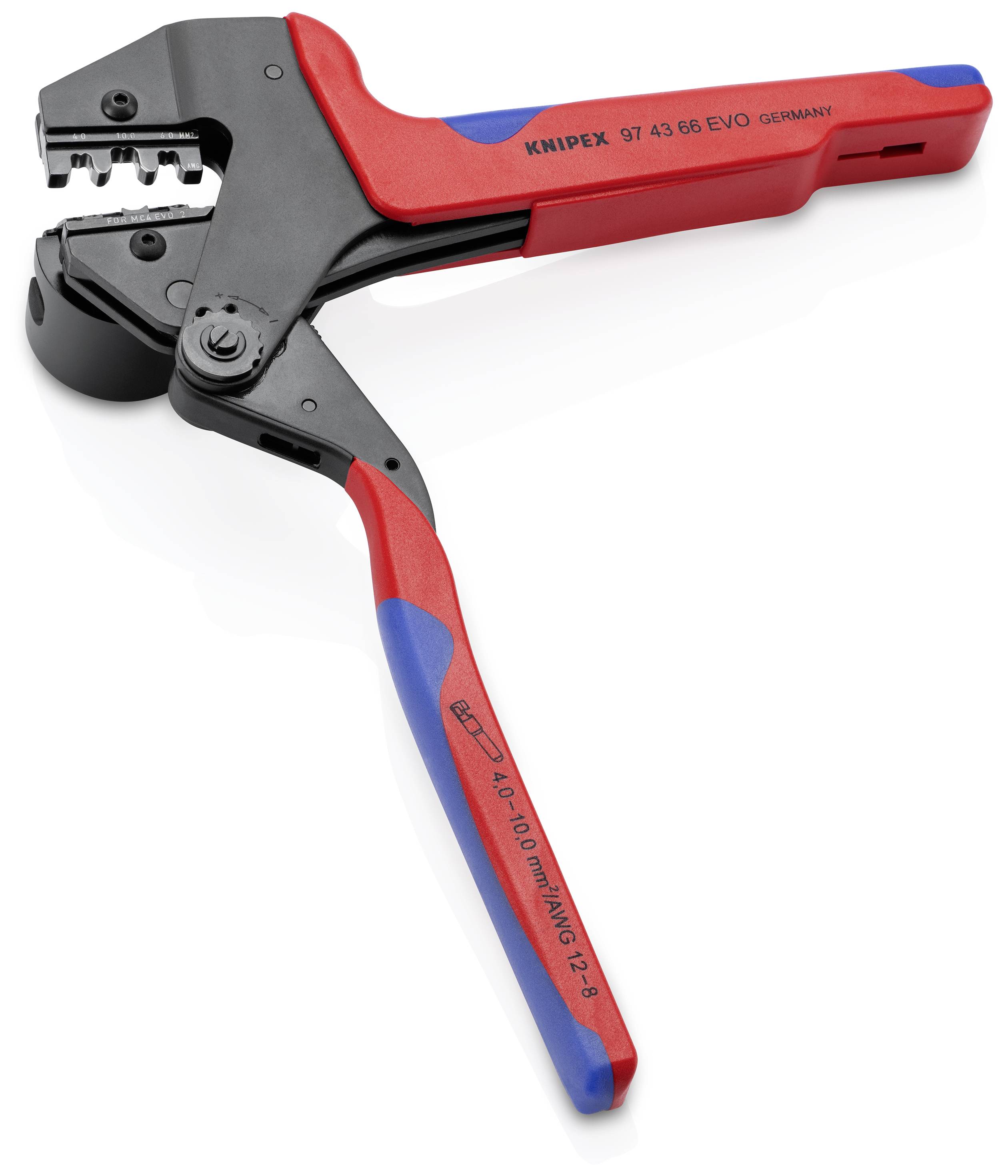 Manual crimping pliers with red and blue handles, suitable for crimping cables and cable end ferrules.