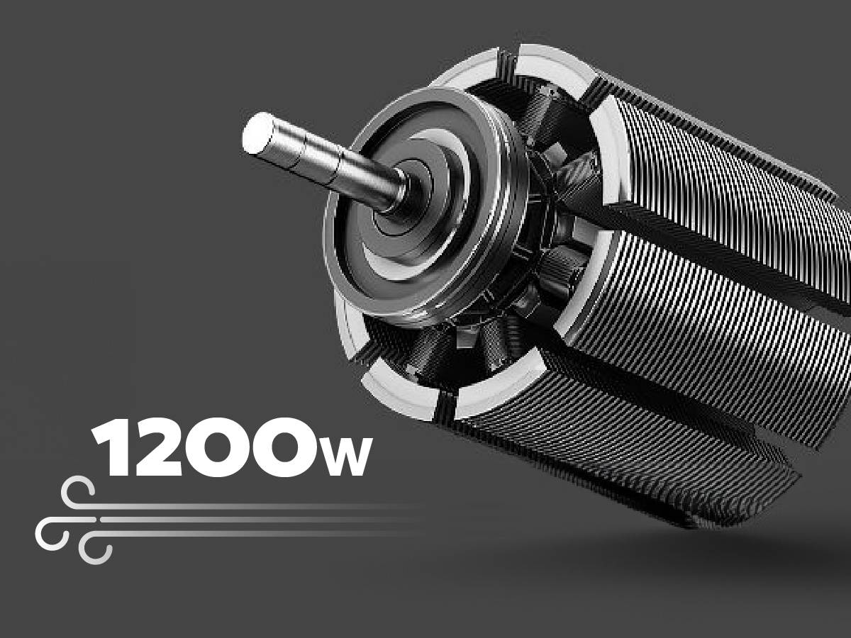 'Motor with 1200W power, depicted with graphic lines symbolising airflow, against a grey background.'