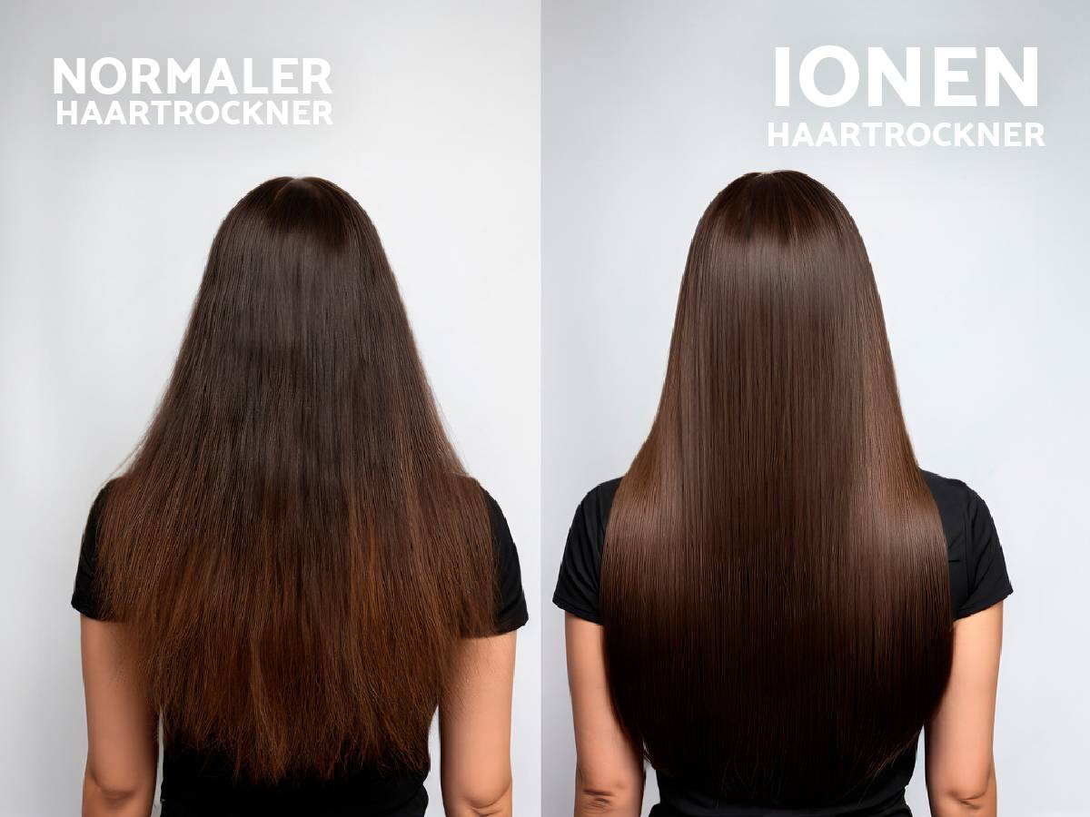 The image shows a comparison: on the left, a person with curly hair using a standard hair dryer, on the right, straight hair achieved with an ionic hair dryer.