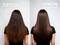 The image shows a comparison: on the left, a person with curly hair using a standard hair dryer, on the right, straight hair achieved with an ionic hair dryer.