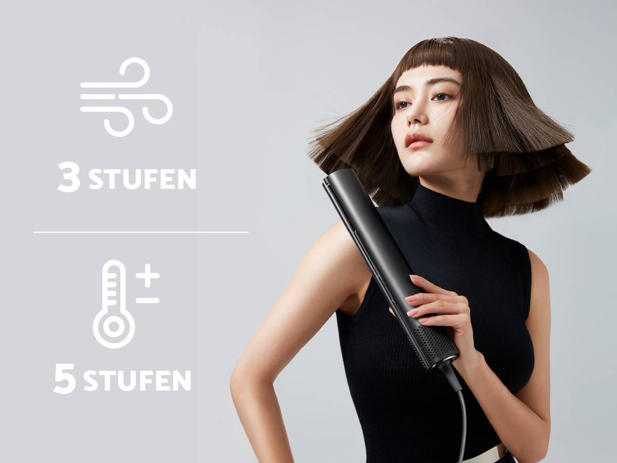 The woman is styling her hair with a straightening iron. Icons on the left show '3 levels' for speed and '5 levels' for temperature.