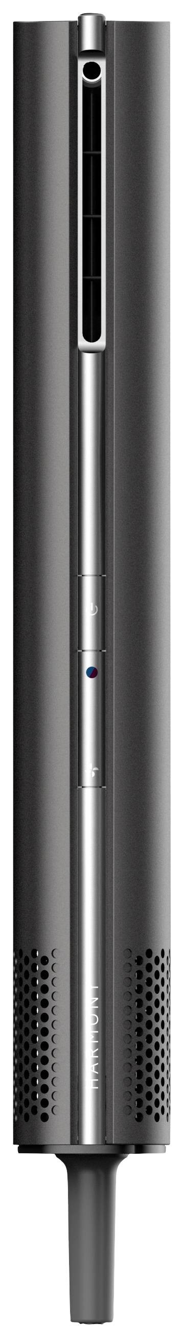 A vertical, grey, cylindrical fan with a narrow air outlet and controls situated in the centre, designed in a modern style.
