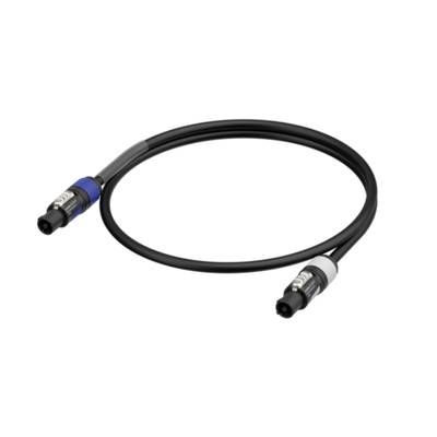A black XLR cable with blue and black connector plugs at the ends, typically used for audio connections.