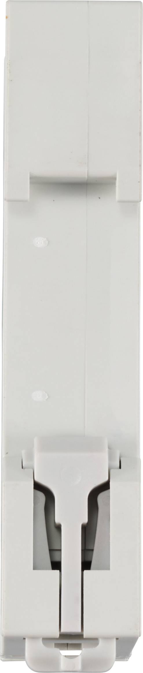 The image shows a white electrical circuit breaker in side profile. It has a lever for controlling electrical circuits.