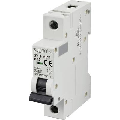 Single-pole circuit breaker by sygonix, model SYG-MCB B32. CE-certified, rated voltage 240V, rated current 32A.