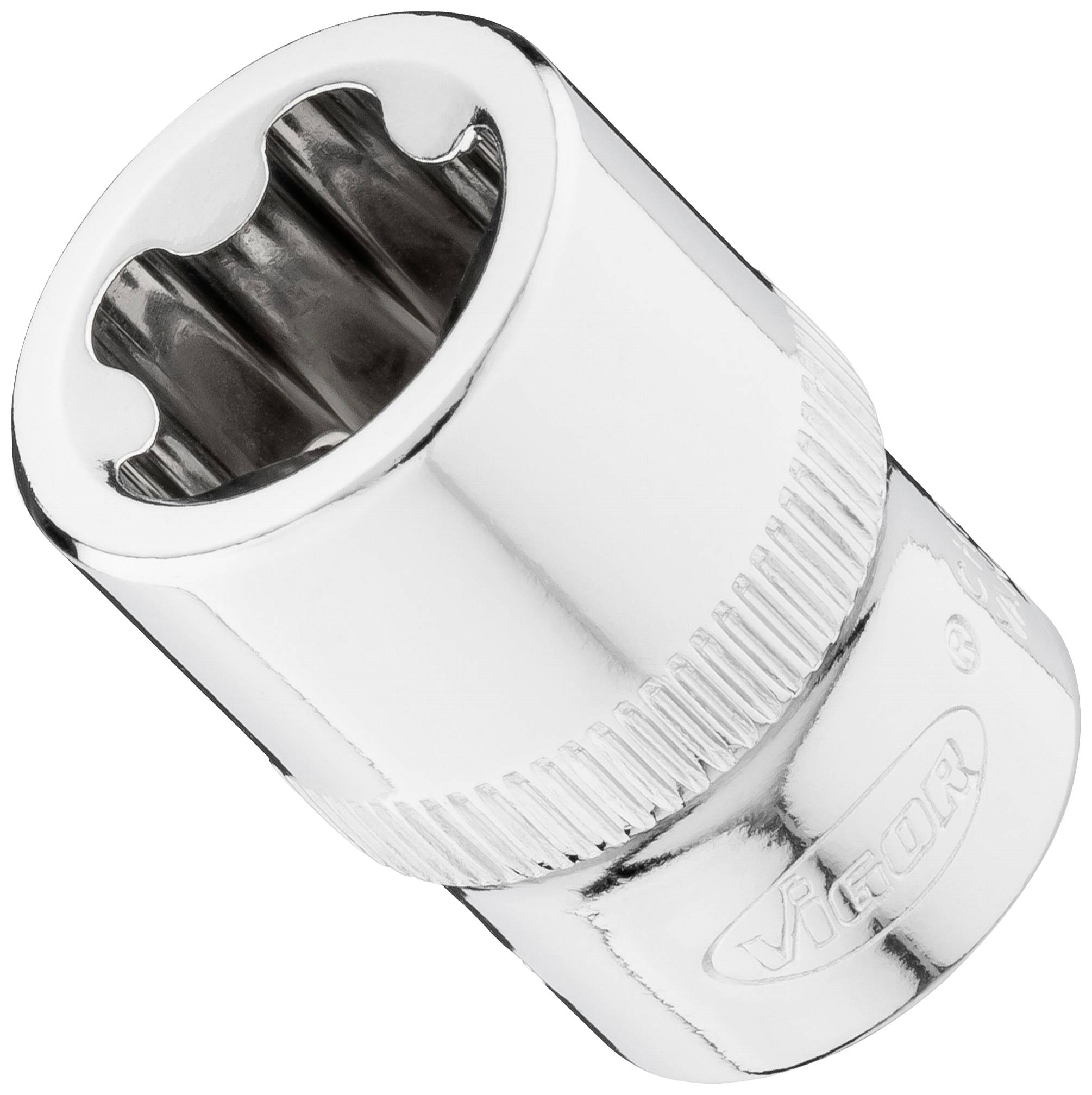 Chrome socket attachment with a polished finish. Tool for securing screws and nuts.