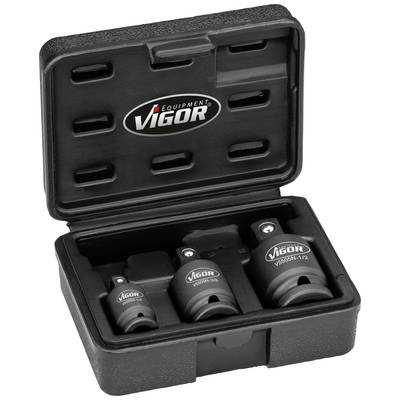 A suitcase containing three Vigor socket key adapters in different sizes, neatly arranged side by side.