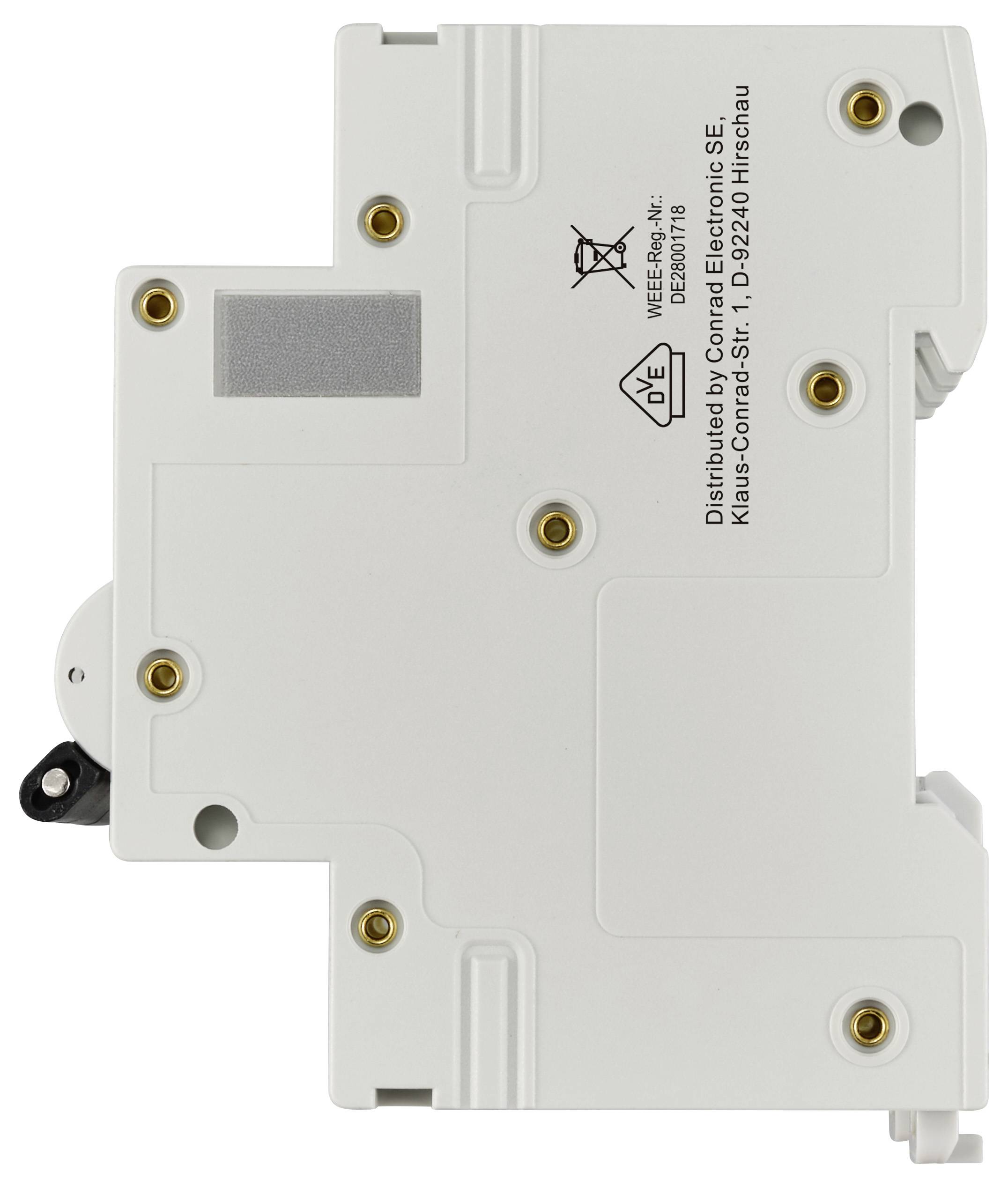 A white protective switch with mounting screw points and CE, VDE certifications. Manufacturer information engraved on the right.