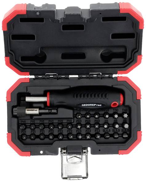 A screwdriver set in an open black case with red edges, displaying multiple interchangeable bits and a handle.