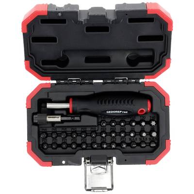 A screwdriver set in an open black case with red edges, displaying multiple interchangeable bits and a handle.