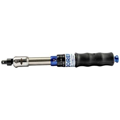 Torque wrench in close-up, with blue and black handle, showing newton-metres and direction of rotation.