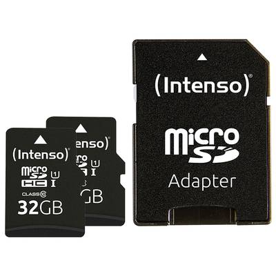 Two Intenso microSD cards with 32 GB capacity and a microSD adapter.