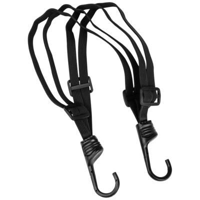 Two black elastic luggage straps with adjustable buckles and hooks, suitable for securing cargo or baggage.