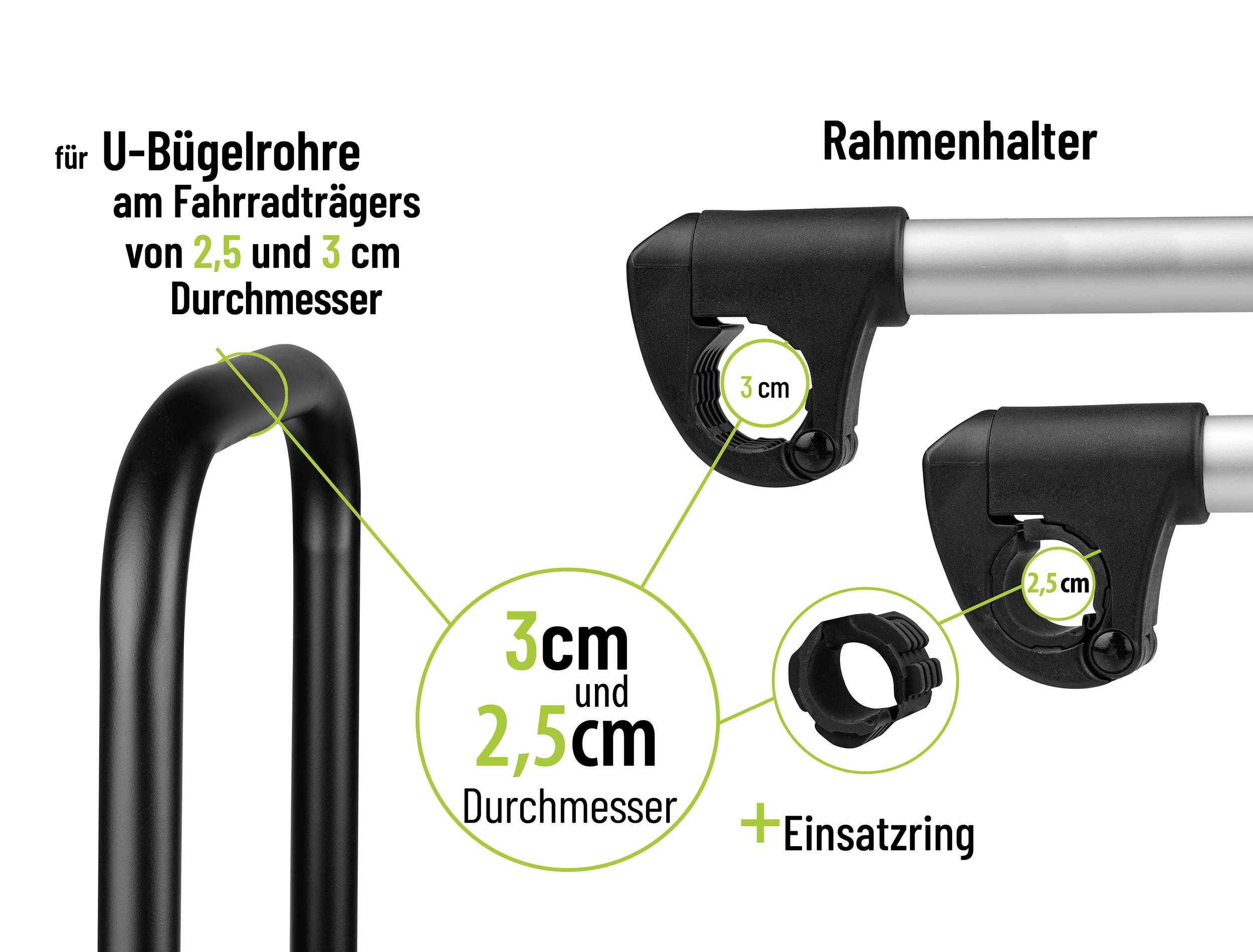 Frame holder and mounting ring for attaching bicycle carriers to U-bolt tubes with 2.5 cm and 3 cm diameter.