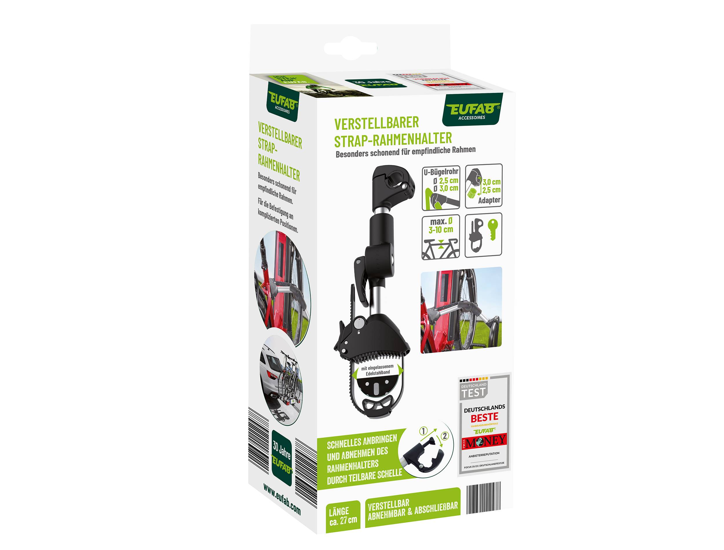 Adjustable Strap Frame Holder in Packaging. Suitable for Various Bicycle Frames. Includes Images and Application Instructions.