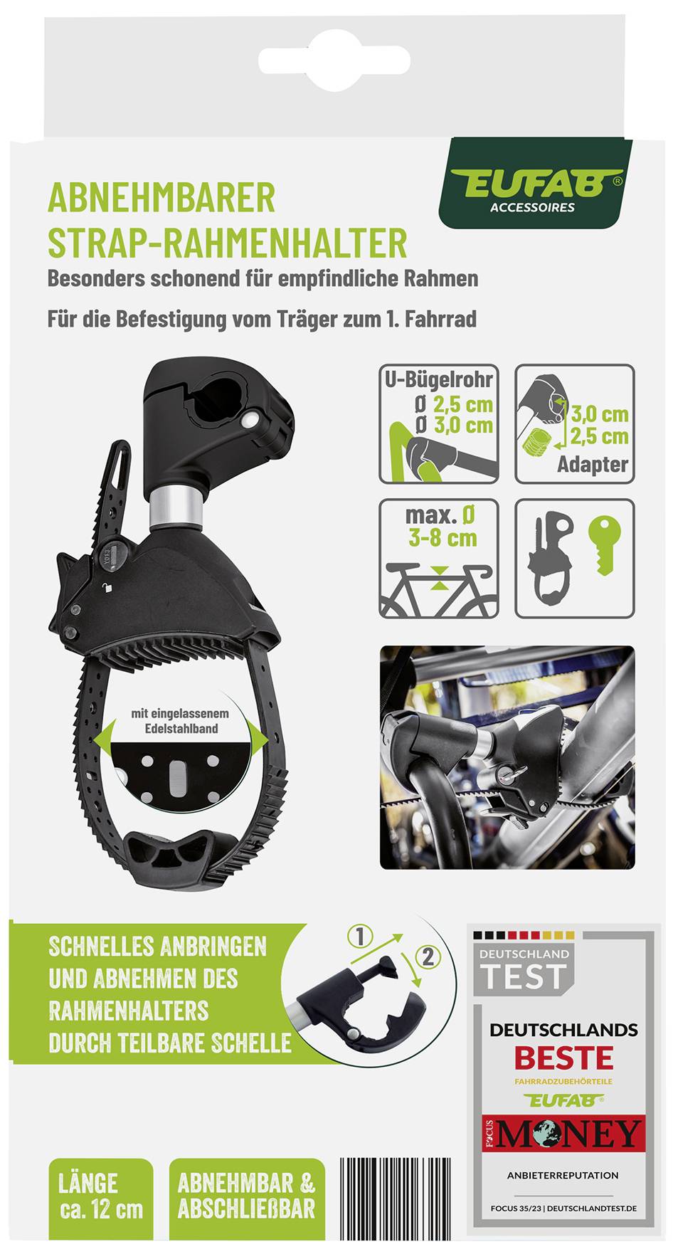'Detachable Strap Frame Holder', suitable for delicate frames. Attachment to bicycle carrier, maximum load 15 kg.