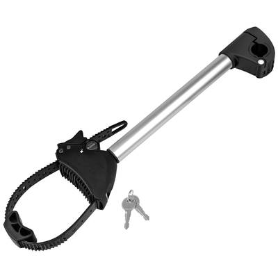 Bicycle frame lock with a silver, robust metal shackle and black locking mechanism, with two keys beside it.