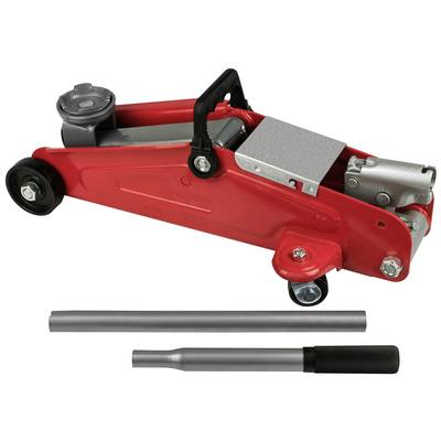 A red hydraulic jack with two silver lever arms, suitable for lifting vehicles for repair or maintenance work.