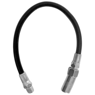 A flexible black hose with metal connectors at both ends. Possibly part of a hydraulic or pneumatic system.