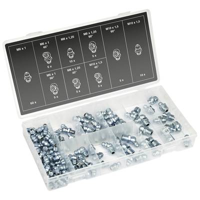 A sorted box with multiple compartments containing various types of grease nipples in different sizes and quantities.