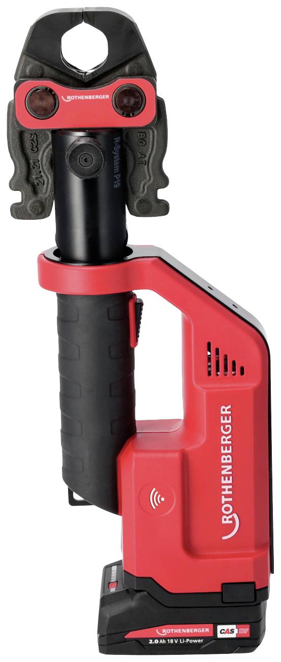 Rothenberger battery-powered, red pipe press, side view, showing handle, pressing head and logo, suitable for plumbing applications.