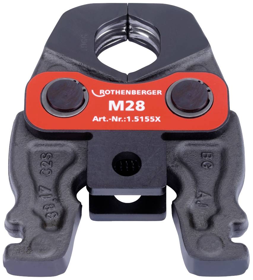 A press tool attachment, Model M28 by Rothenberger. Black and red coloured, suitable for plumbing applications.