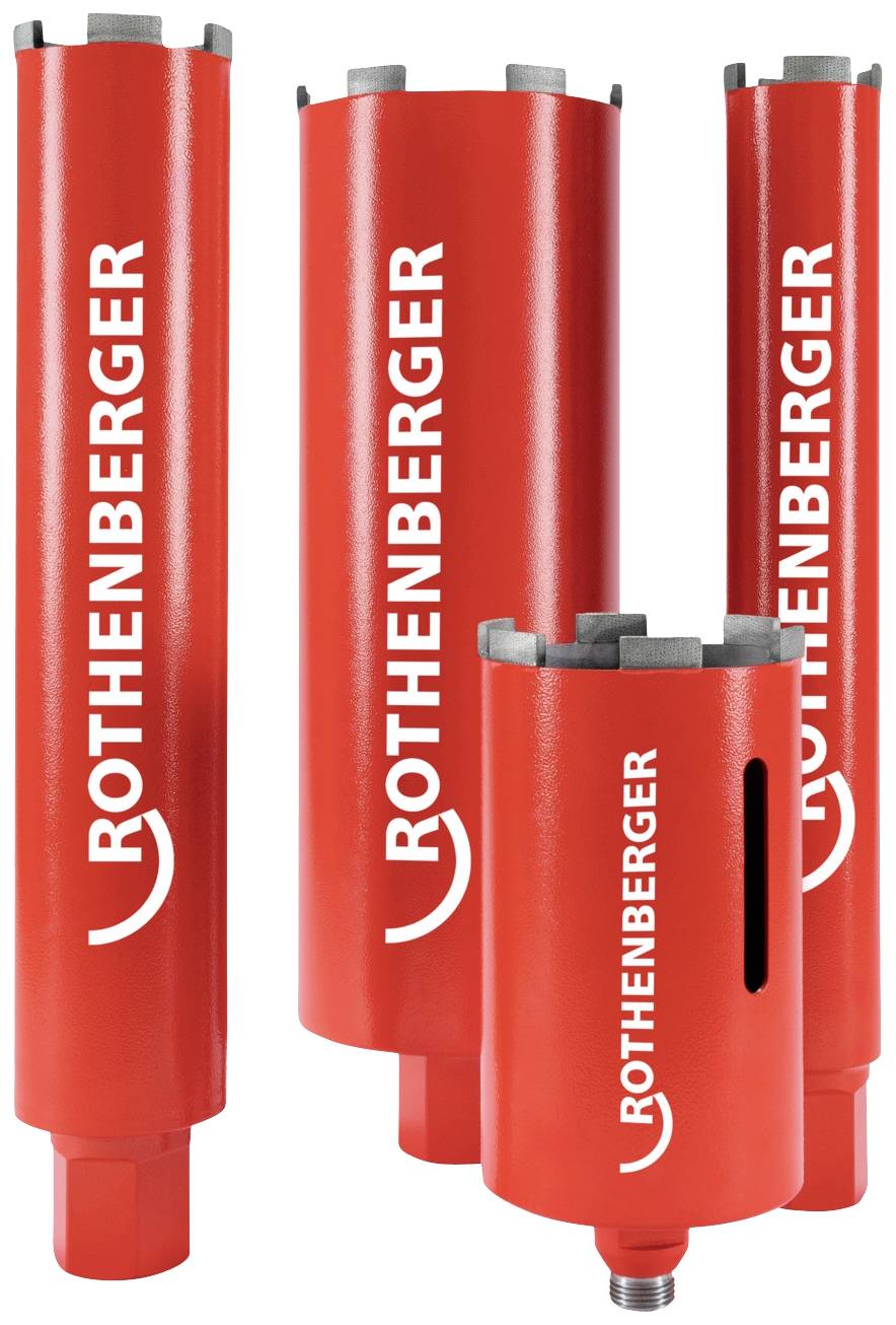 Four red drill crowns of different sizes with 'ROTHENBERGER' inscription, standing upright. Auxiliary tools for concrete processing.